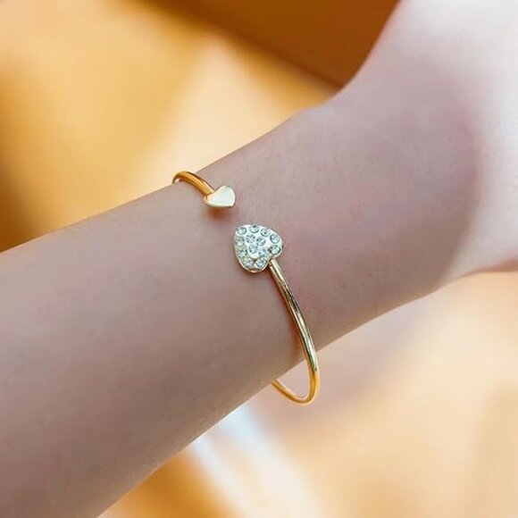 Jewelry - Open Cuff Heart Bangle Bracelet Gold and Rhinestone